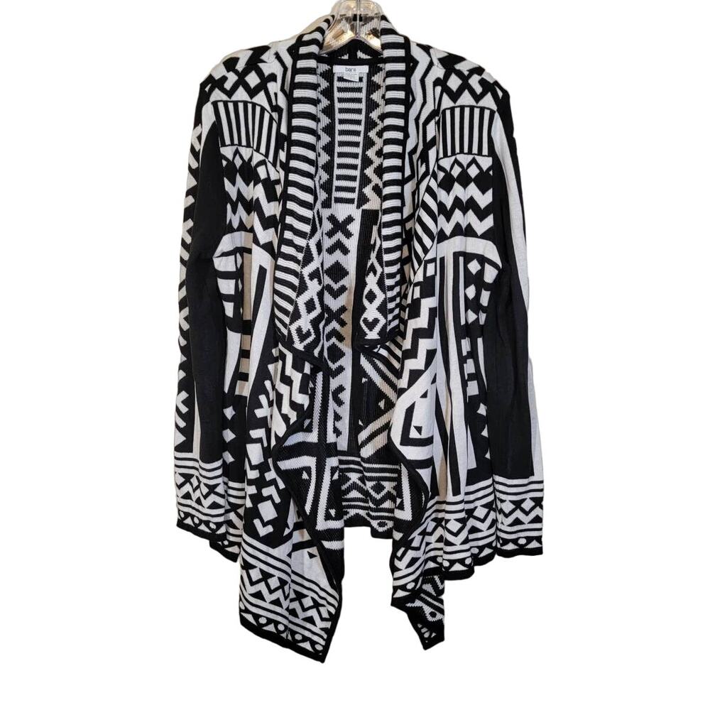 Bar III Women's Aztec Geometric Open Front Cardigan Sweater Black White SZ Large